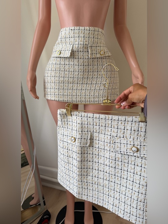 Dresses & Skirts - Women’s Cream Tweed Mini Skirt with Pocket Detail